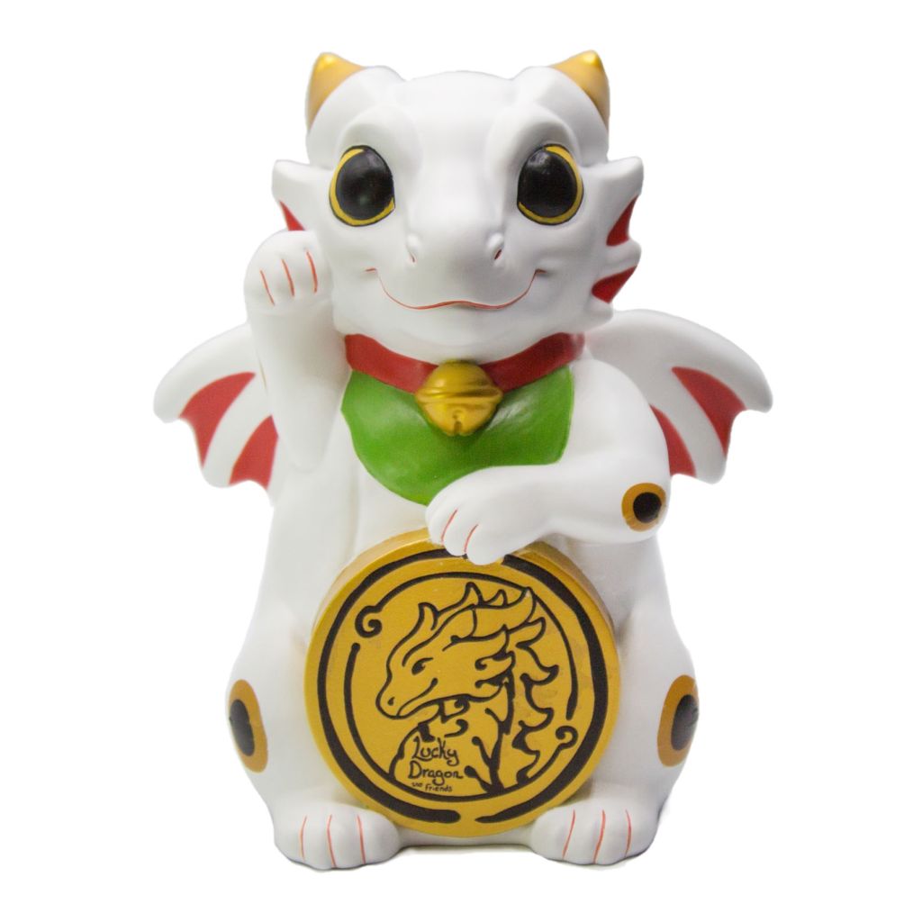 A white, red, and golden colored dragon whelp coin bank stands on two hind feet while waving a paw up.