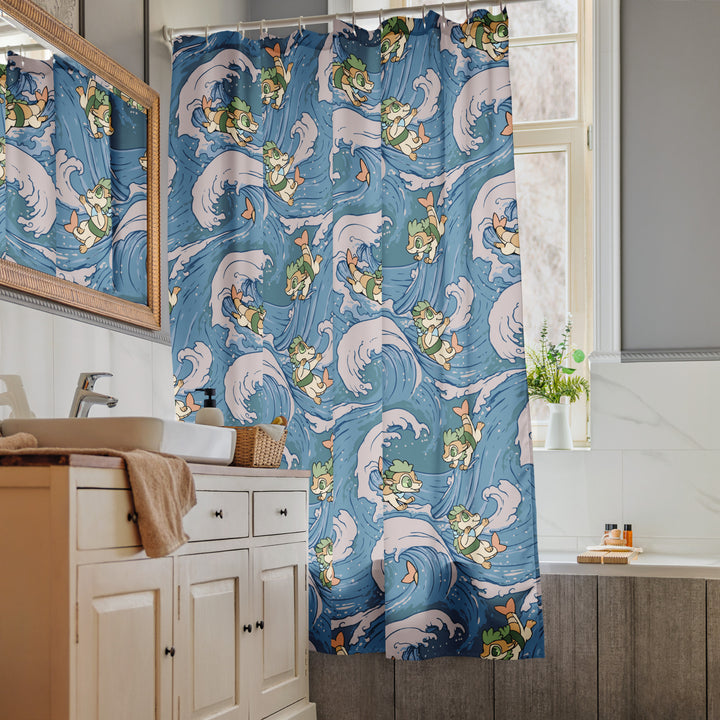 Surfing Sushi Dragons Shower curtain
