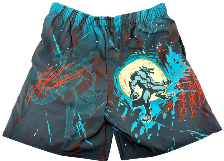 A men's swim trunk with werewolf and a moon as well as red claw mark designs in the background.